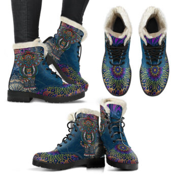 Rainbow Elephant Mandala Faux Fur Leather Boots