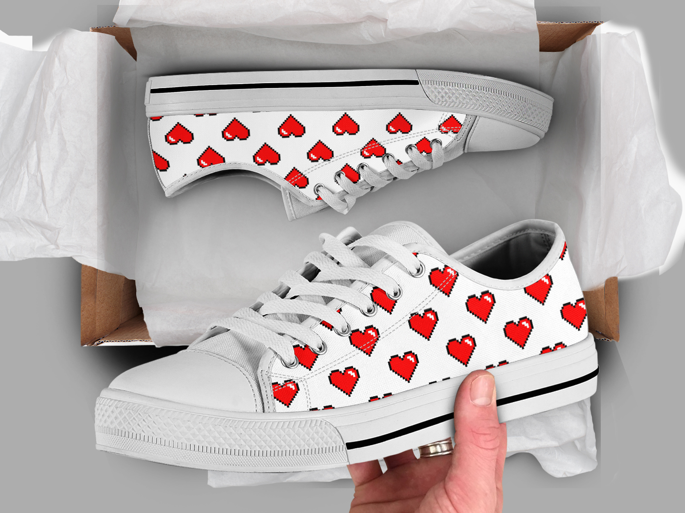 8 Bit Heart Shoes | Custom Low Tops Sneakers For Kids & Adults