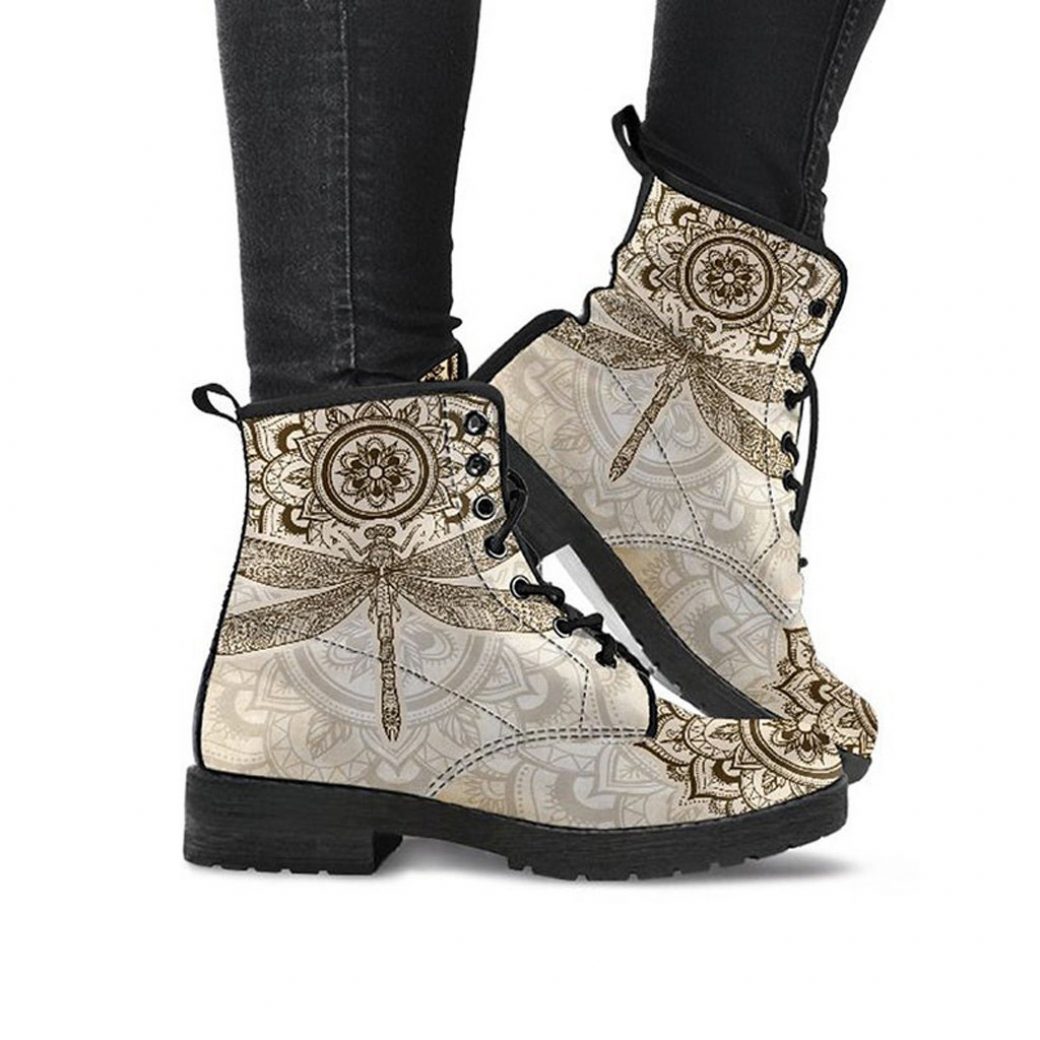 Beige Dragonfly Designer Boots | Vegan Leather Lace Up Printed Boots For Women