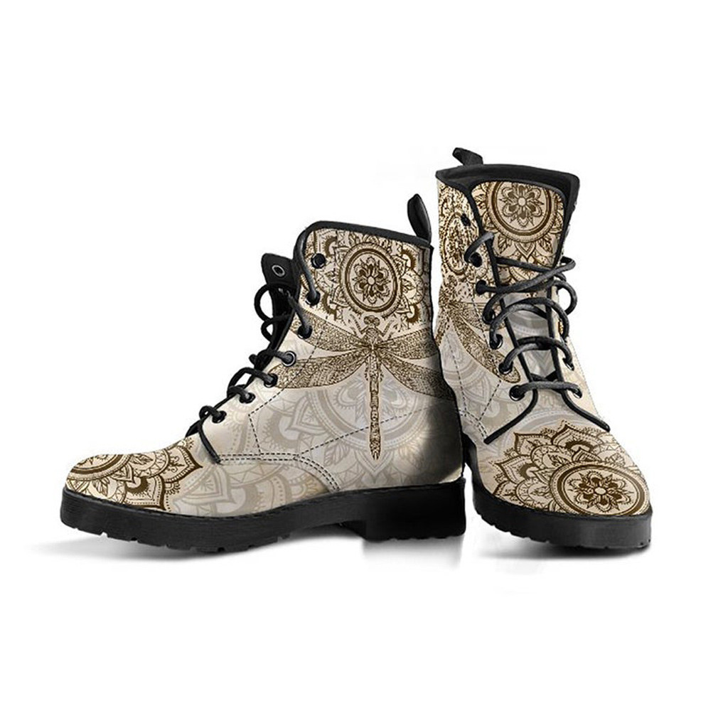 Beige Dragonfly Designer Boots | Vegan Leather Lace Up Printed Boots For Women