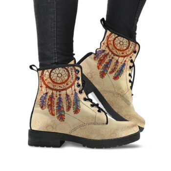 Indian Dream Catcher Beige Boots | Vegan Leather Lace Up Printed Boots For Women