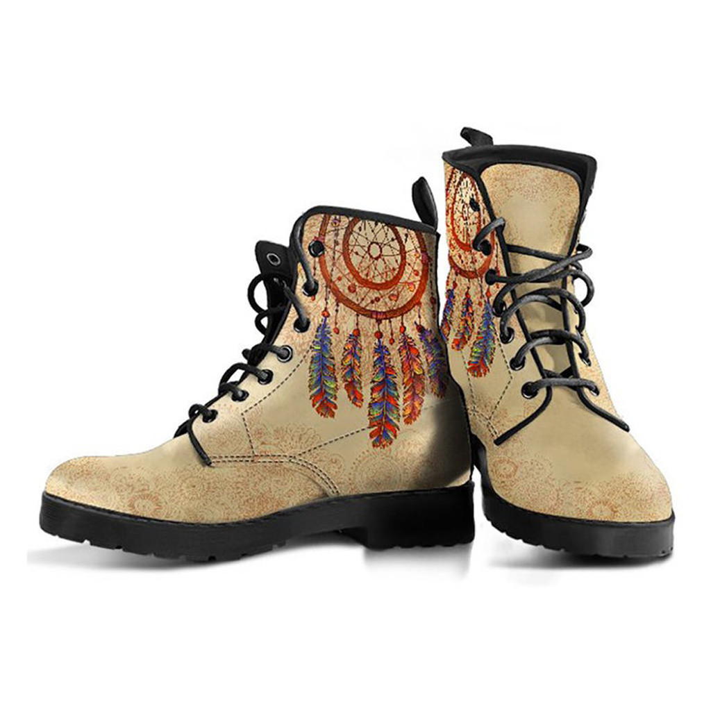 Indian Dream Catcher Beige Boots | Vegan Leather Lace Up Printed Boots For Women