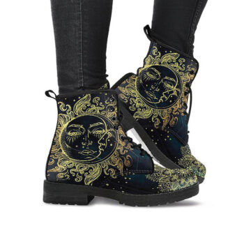 Sun Moon Leather Boots | Vegan Leather Lace Up Printed Boots For Women