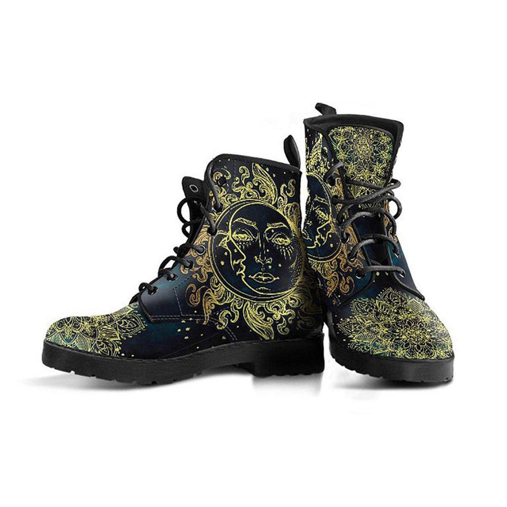 Sun Moon Leather Boots | Vegan Leather Lace Up Printed Boots For Women