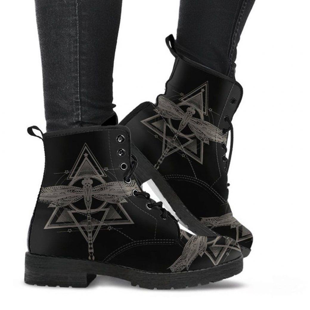 Black Spiritual Dragonfly Boots | Vegan Leather Lace Up Printed Boots For Women