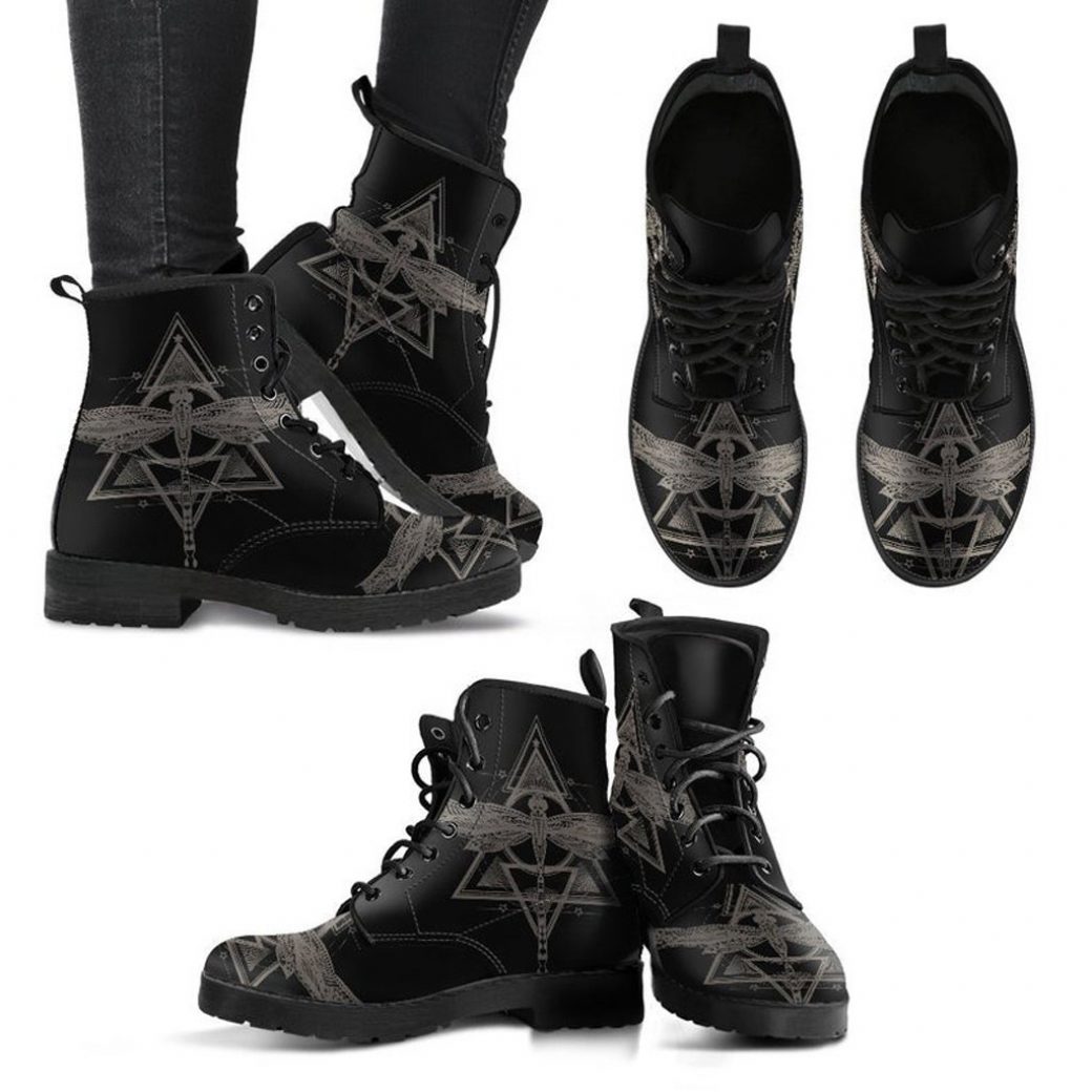 Black Spiritual Dragonfly Boots | Vegan Leather Lace Up Printed Boots For Women