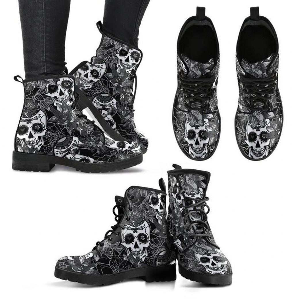 Black & White Skull Boots | Vegan Leather Lace Up Printed Boots For Women