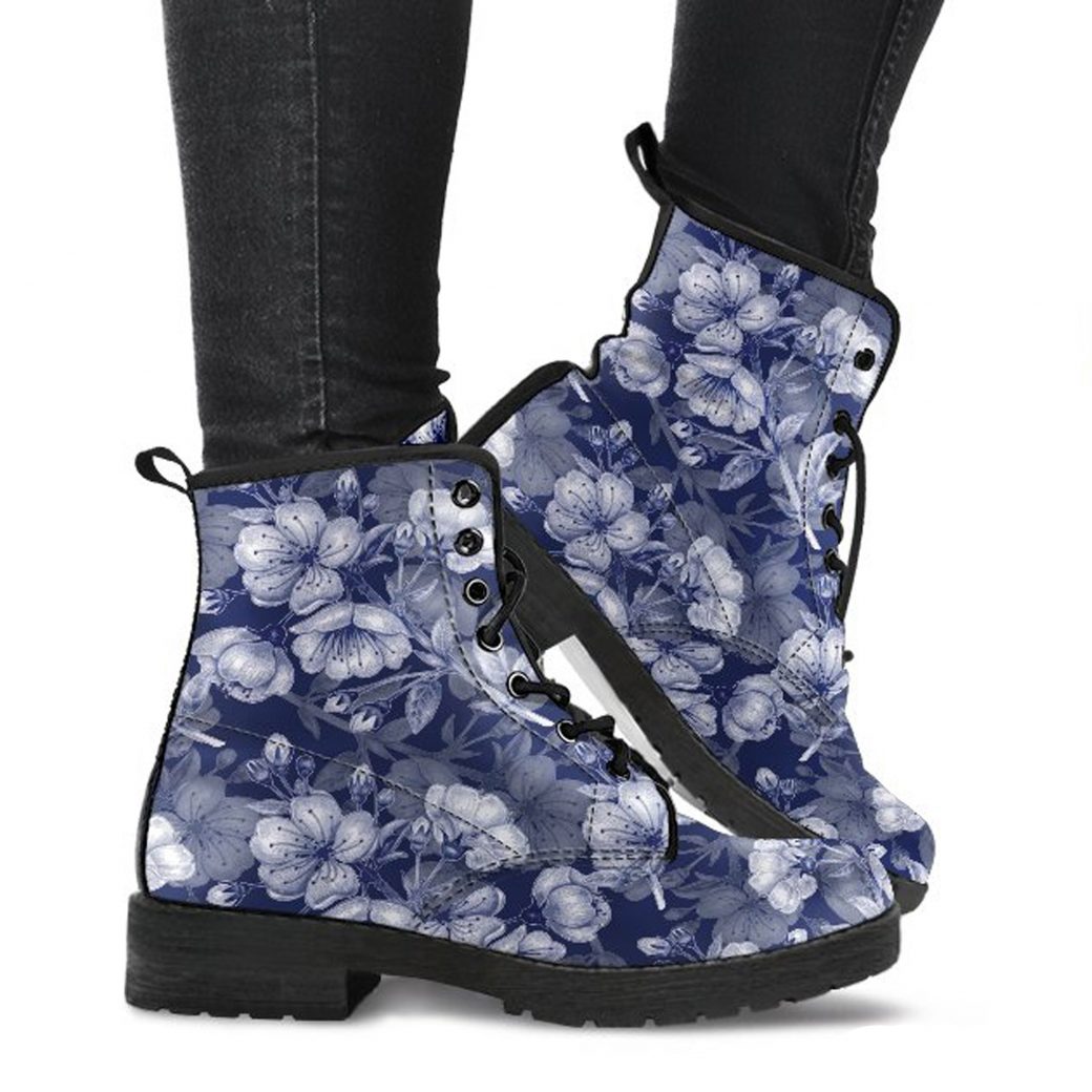 Navy Cherry Blassom Sakura Boots | Vegan Leather Lace Up Printed Boots For Women