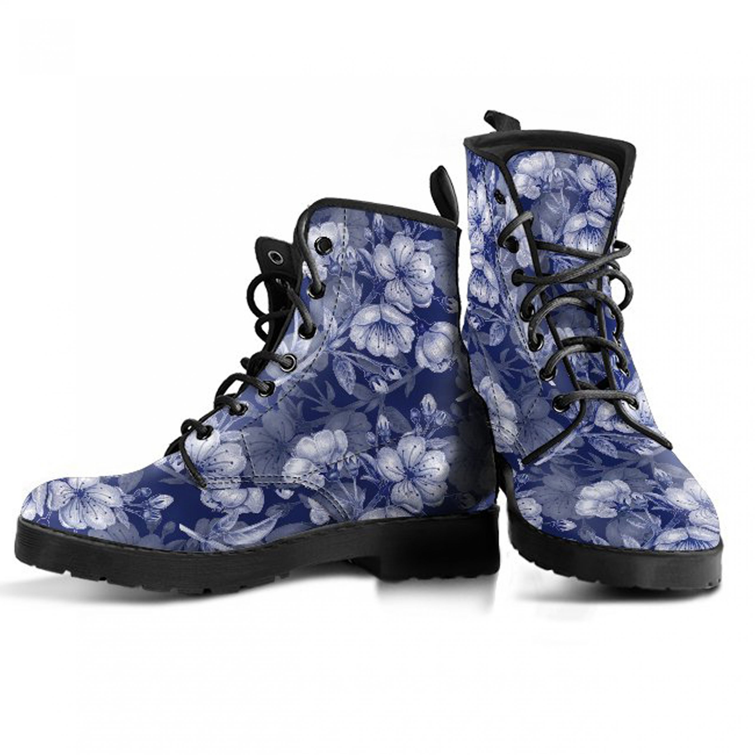 Navy Cherry Blassom Sakura Boots | Vegan Leather Lace Up Printed Boots For Women