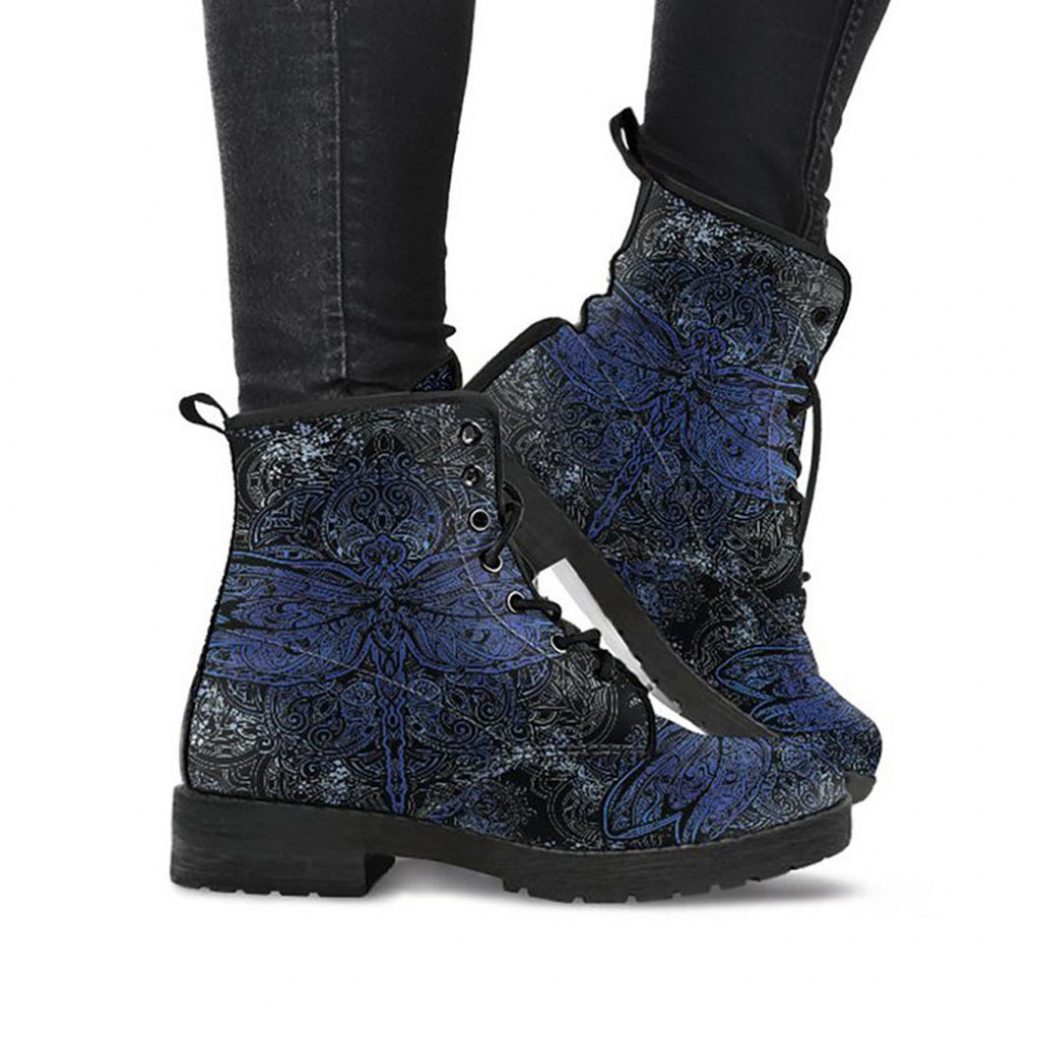 Blue Dragonfly Leather Boots | Vegan Leather Lace Up Printed Boots For Women