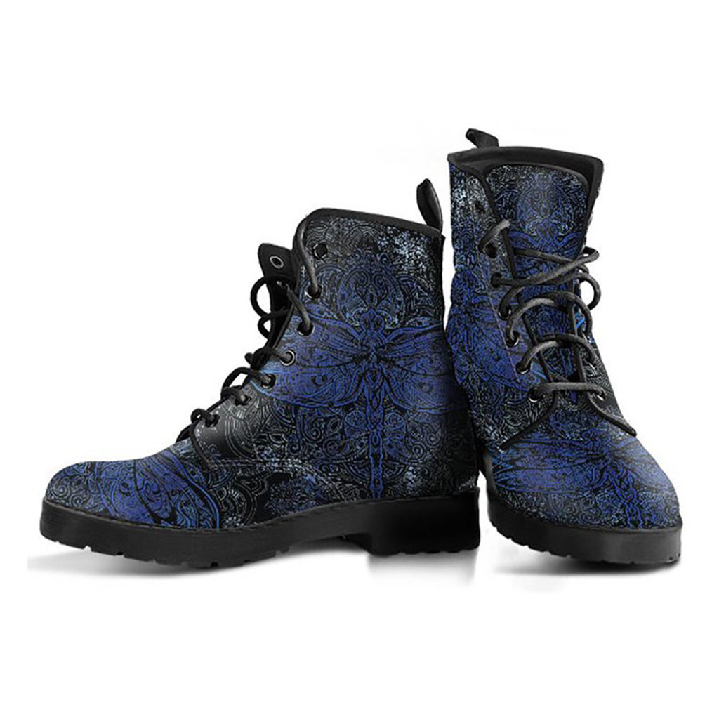 Blue Dragonfly Leather Boots | Vegan Leather Lace Up Printed Boots For Women