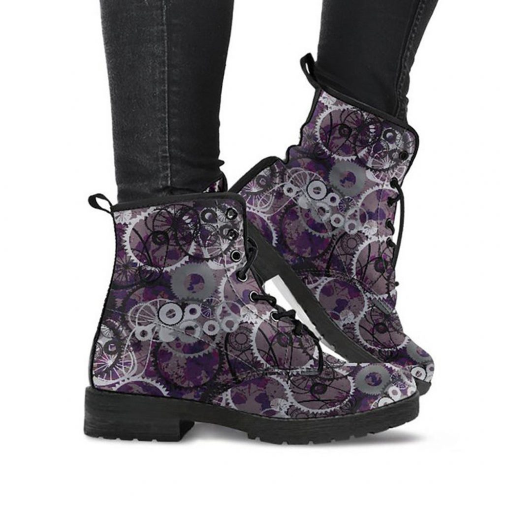 Gears Printed Boots | Vegan Leather Lace Up Printed Boots For Women