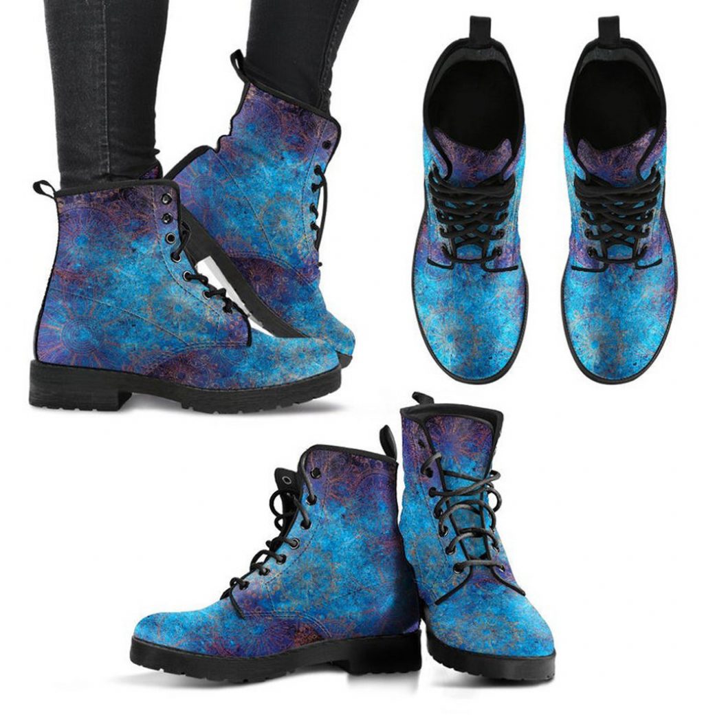 Grunge Leather Boots | Vegan Leather Lace Up Printed Boots For Women