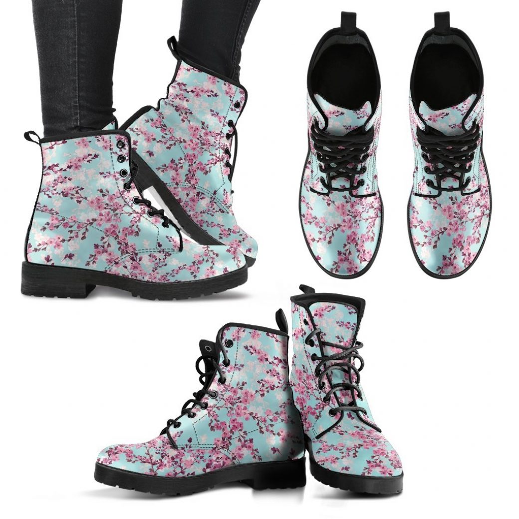 Cherry Blassom Sakura Tree Boots | Vegan Leather Lace Up Printed Boots For Women