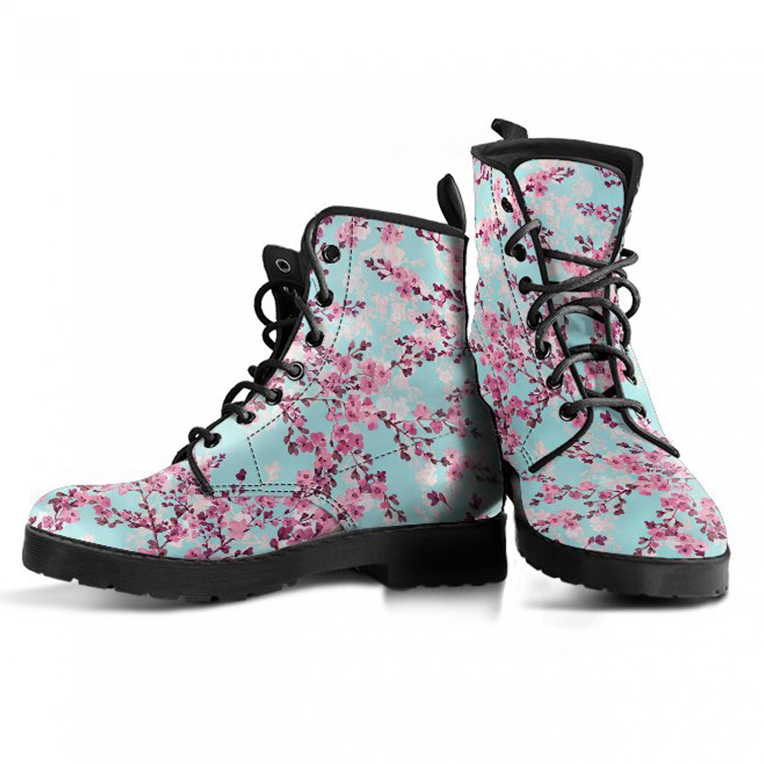 Cherry Blassom Sakura Tree Boots | Vegan Leather Lace Up Printed Boots For Women