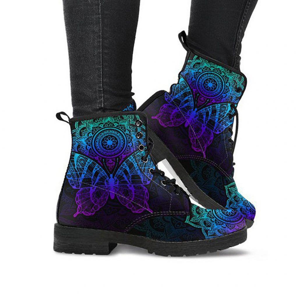 Blue Butterfly Boots | Vegan Leather Lace Up Printed Boots For Women