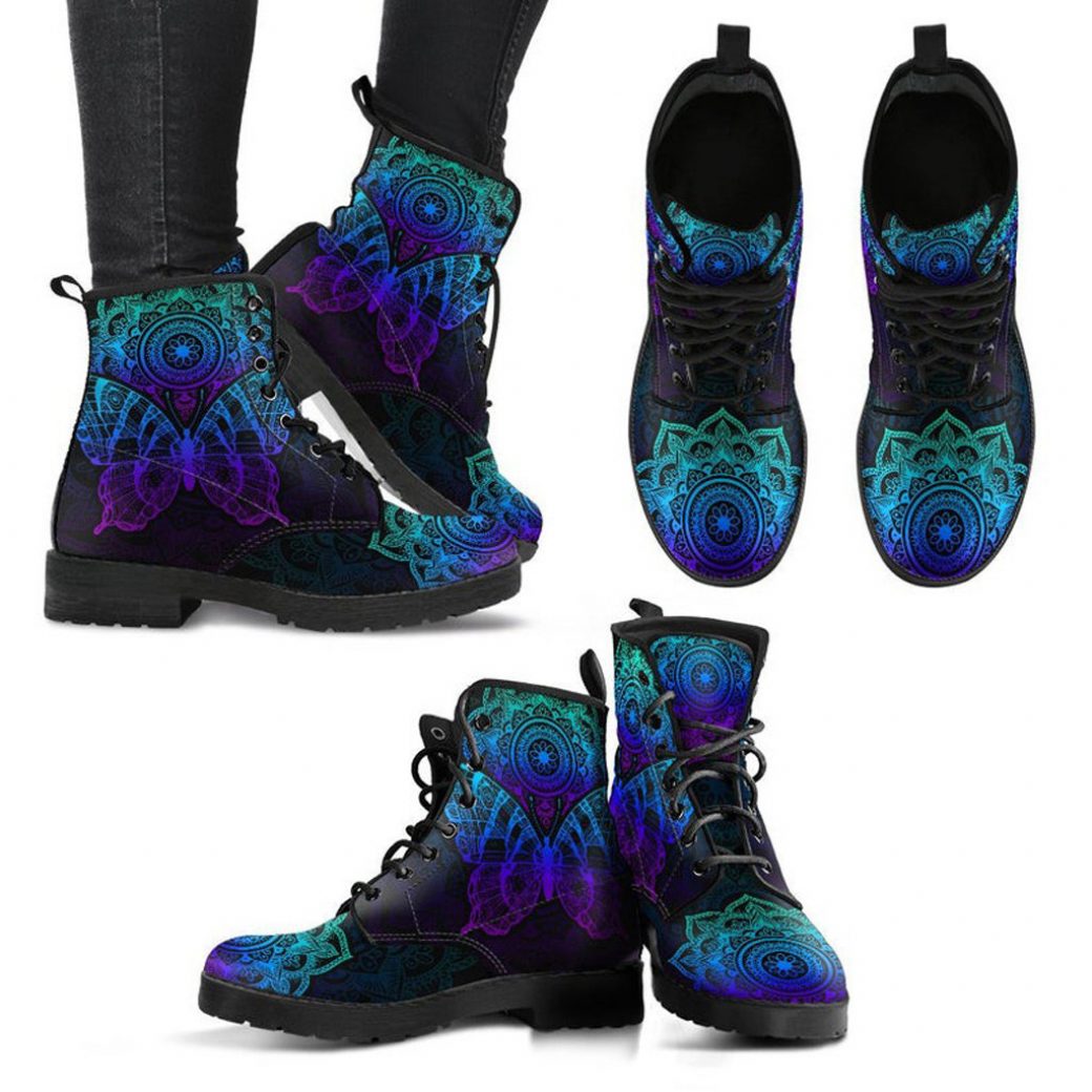 Blue Butterfly Boots | Vegan Leather Lace Up Printed Boots For Women