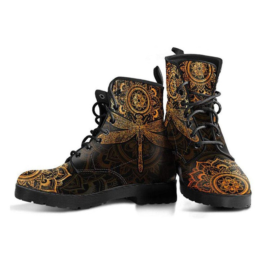 Brown Dragonfly Boots | Vegan Leather Lace Up Printed Boots For Women