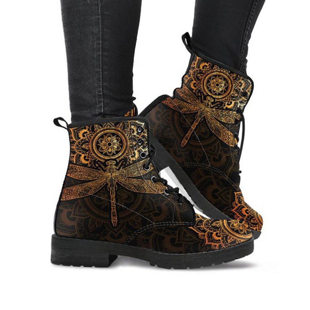 Brown Dragonfly Boots | Vegan Leather Lace Up Printed Boots For Women