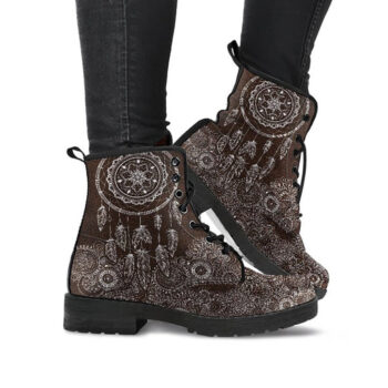 Brown Dream Catcher Boots | Vegan Leather Lace Up Printed Boots For Women