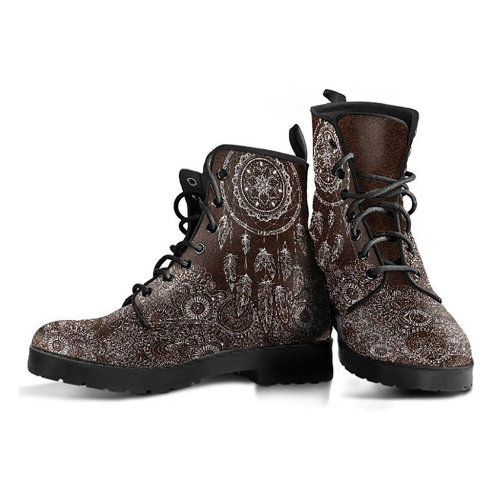 Brown Dream Catcher Boots | Vegan Leather Lace Up Printed Boots For Women