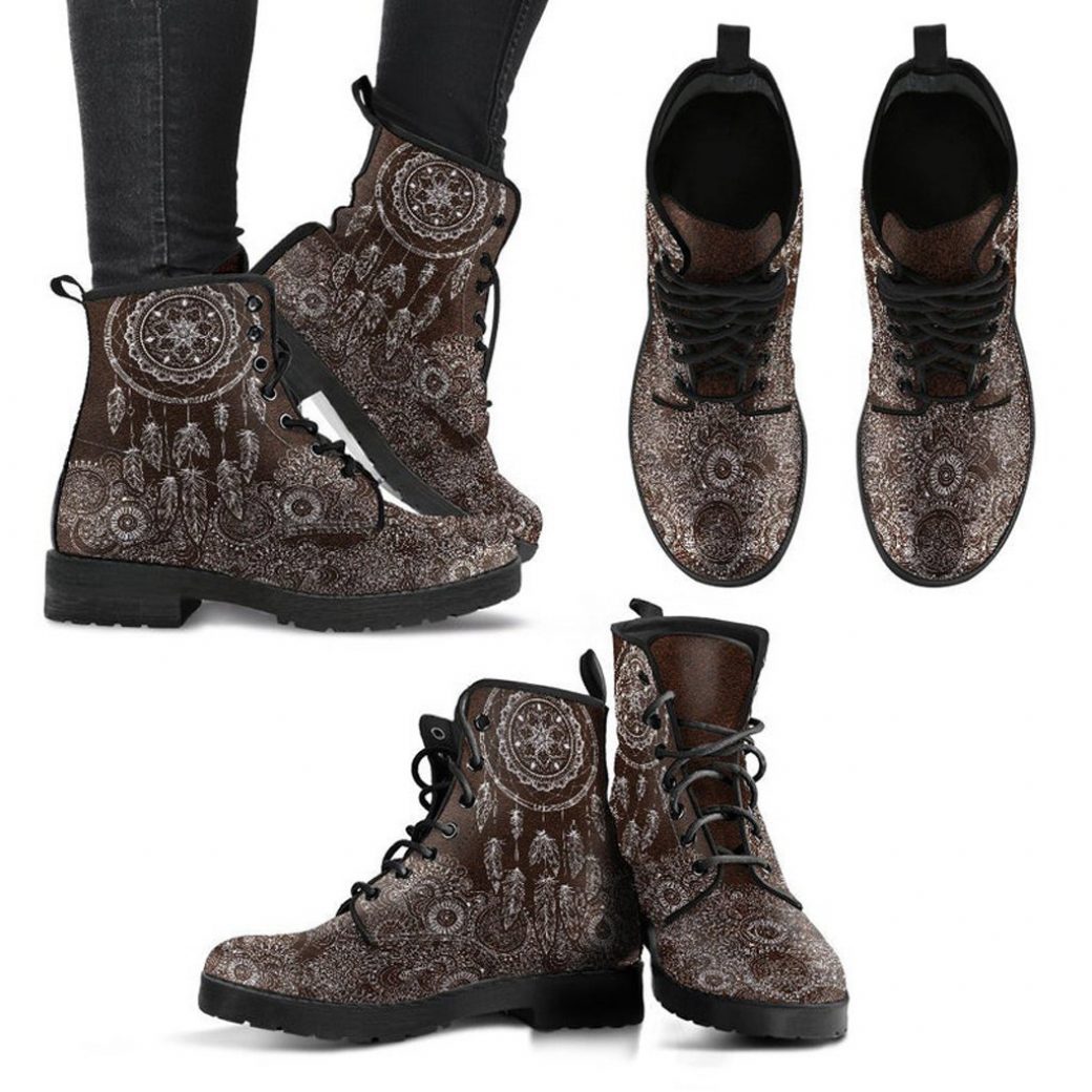 Brown Dream Catcher Boots | Vegan Leather Lace Up Printed Boots For Women