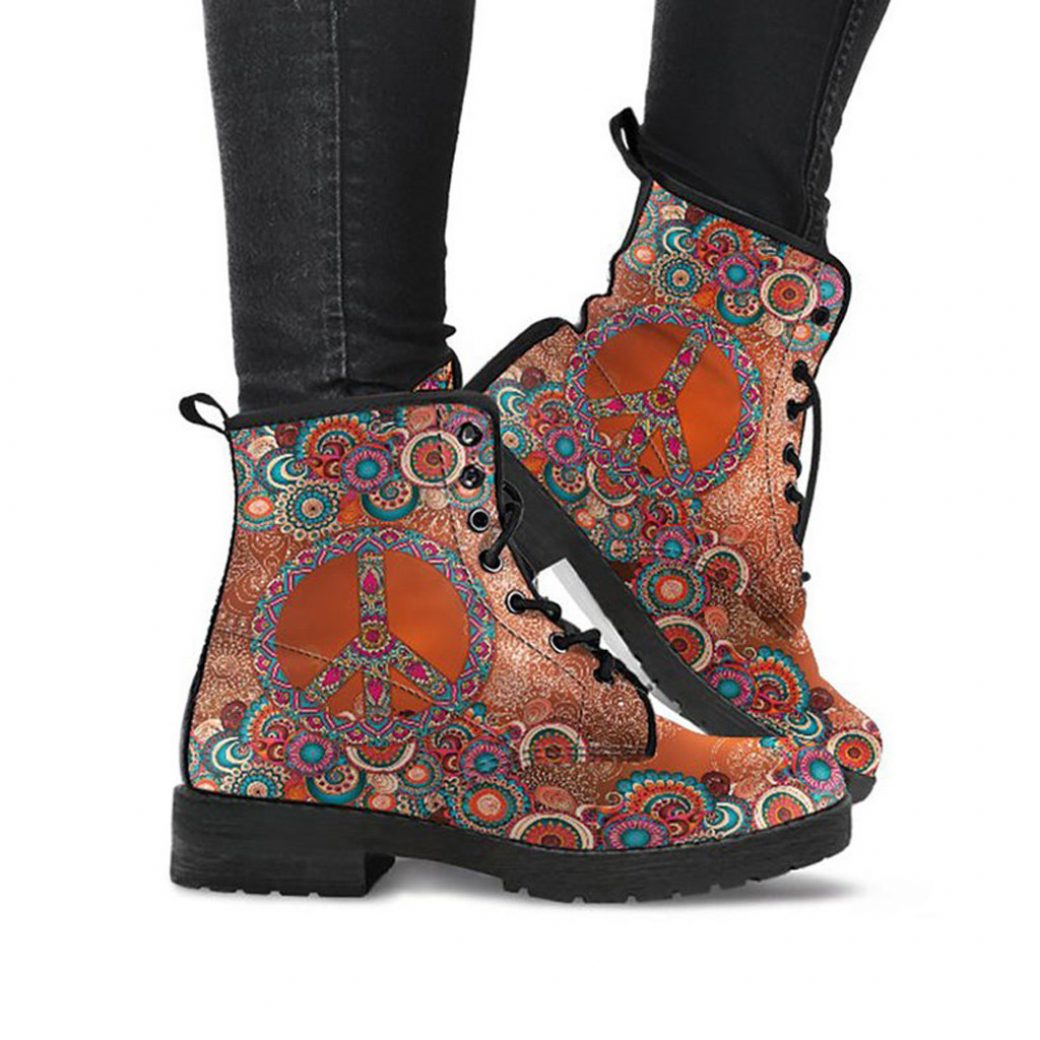 Hippie Peace Boots | Vegan Leather Lace Up Printed Boots For Women