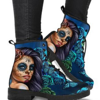Blue Calavera Boots | Vegan Leather Lace Up Printed Boots For Women