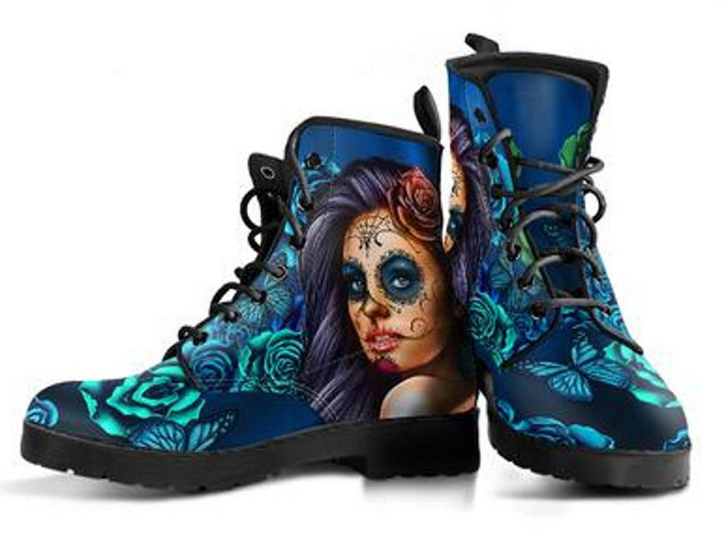 Blue Calavera Boots | Vegan Leather Lace Up Printed Boots For Women
