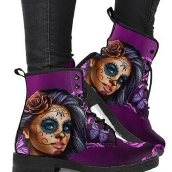Purple Calavera Boots | Vegan Leather Lace Up Printed Boots For Women