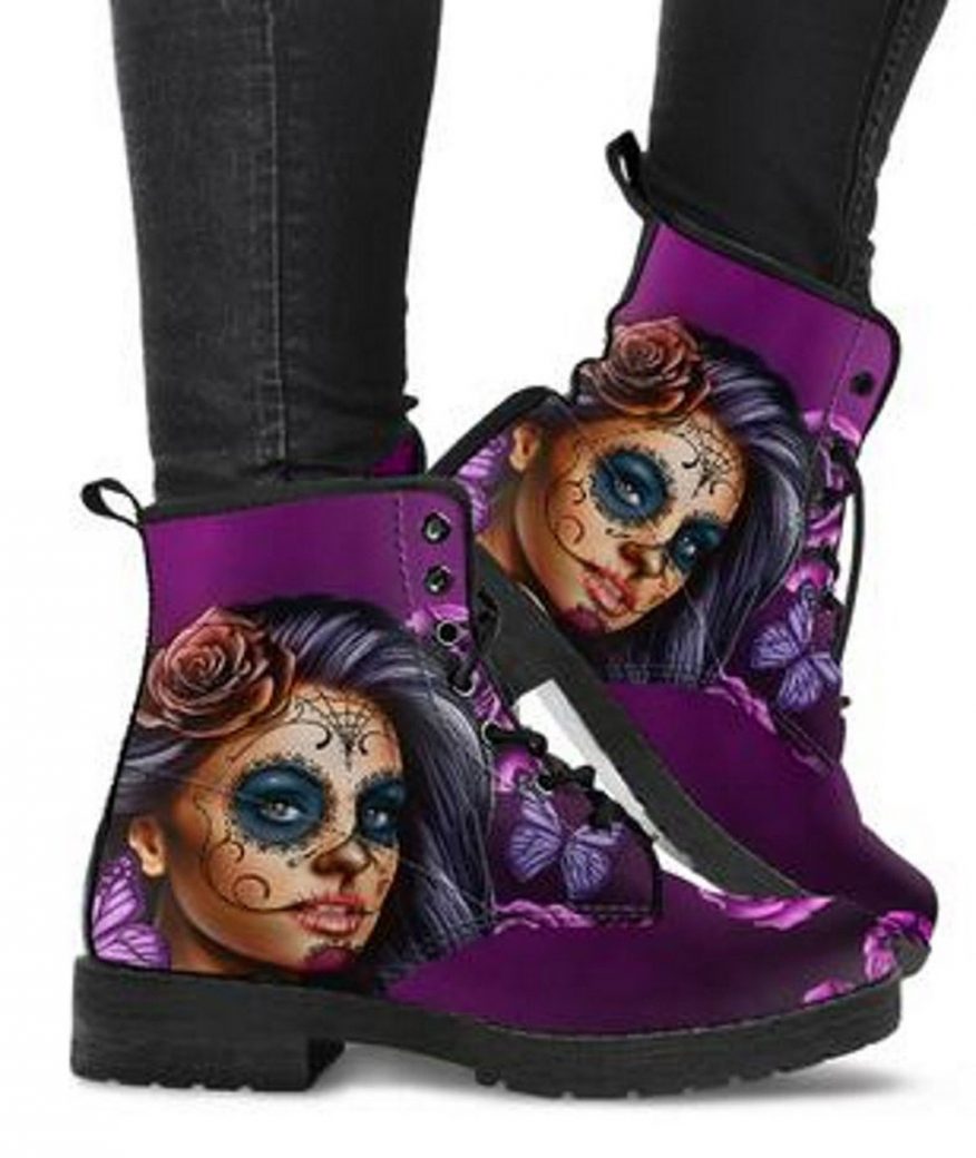 Purple Calavera Boots | Vegan Leather Lace Up Printed Boots For Women