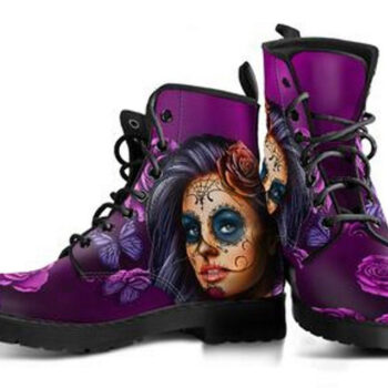 Purple Calavera Boots | Vegan Leather Lace Up Printed Boots For Women