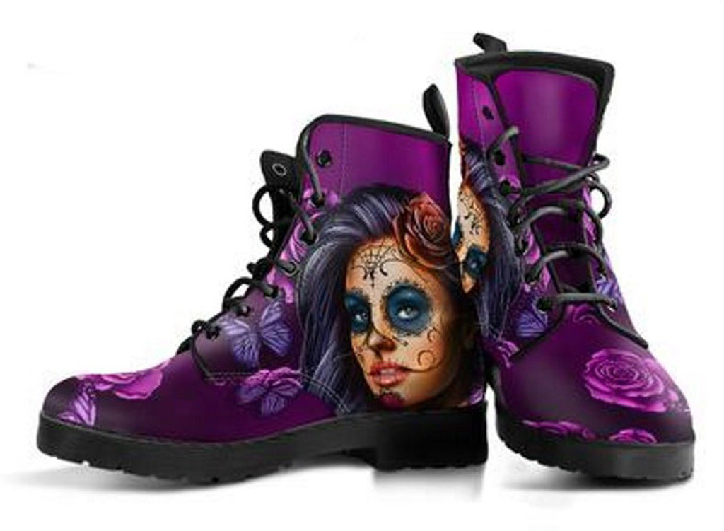 Purple Calavera Boots | Vegan Leather Lace Up Printed Boots For Women