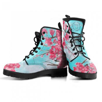 Pink Cherry Blassom Sakura Boots | Vegan Leather Lace Up Printed Boots For Women