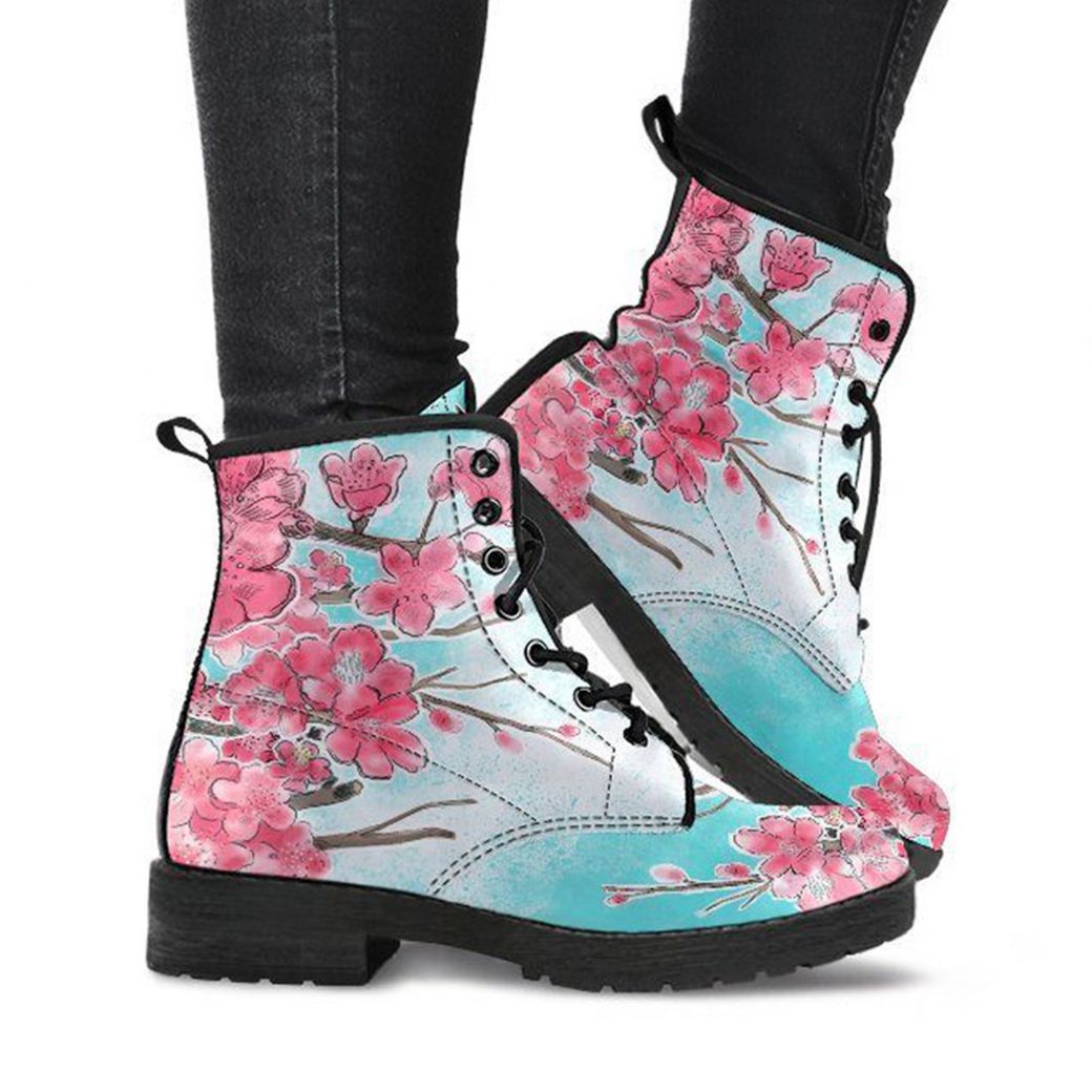 Pink Cherry Blassom Sakura Boots | Vegan Leather Lace Up Printed Boots For Women
