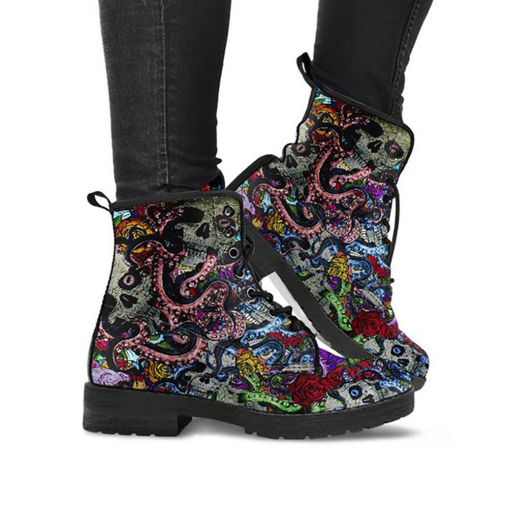 Colorful Skulls Boots | Vegan Leather Lace Up Printed Boots For Women