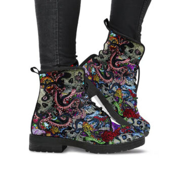 Colorful Skulls Boots | Vegan Leather Lace Up Printed Boots For Women