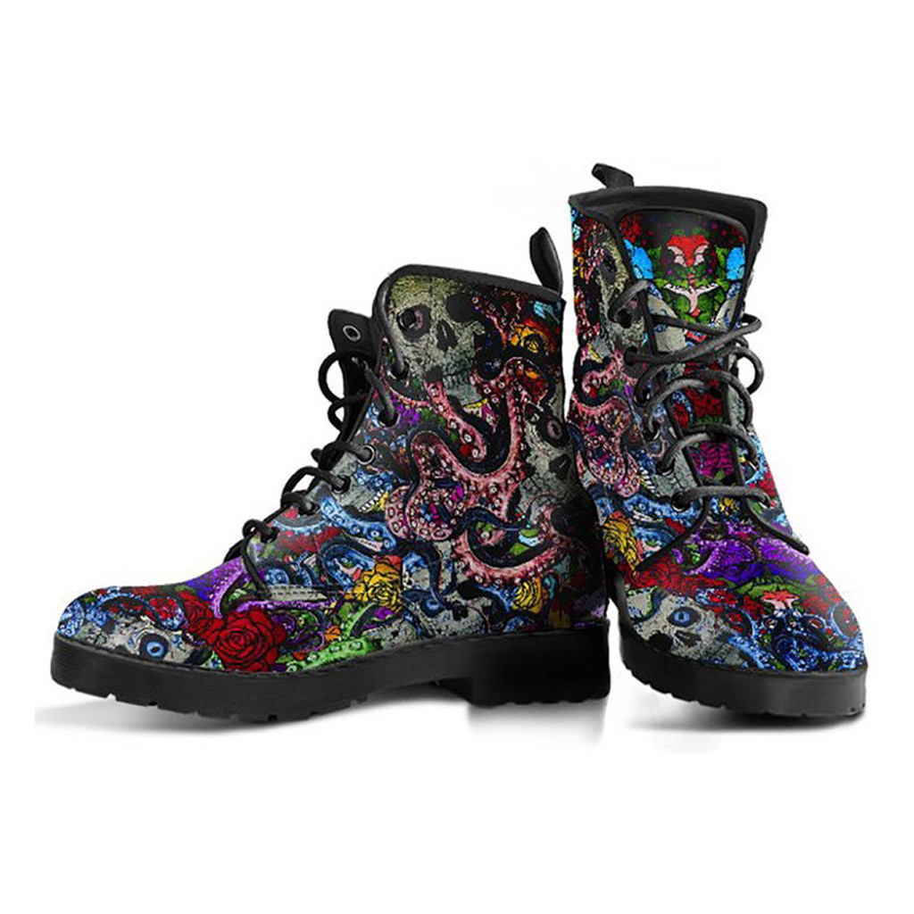 Colorful Skulls Boots | Vegan Leather Lace Up Printed Boots For Women