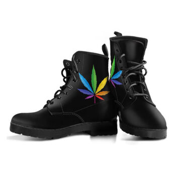 Rainbow Weed Leaf Boots | Vegan Leather Lace Up Printed Boots For Women