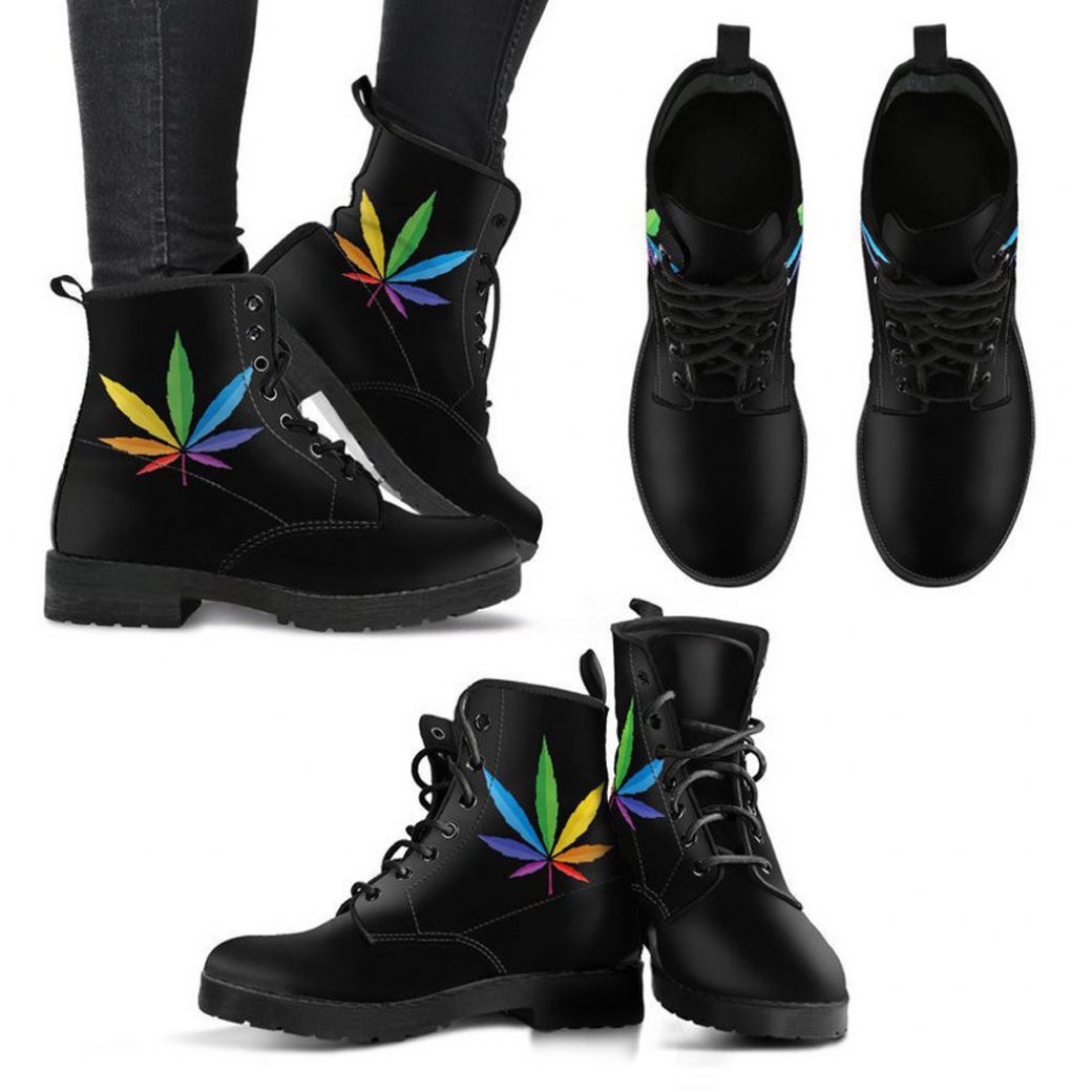 Rainbow Weed Leaf Boots | Vegan Leather Lace Up Printed Boots For Women