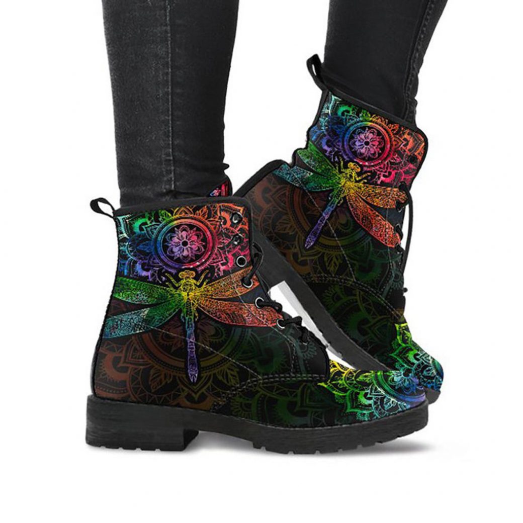 Colorful Dragonfly Boots | Vegan Leather Lace Up Printed Boots For Women