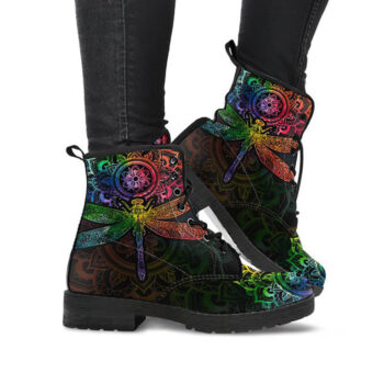 Colorful Dragonfly Boots | Vegan Leather Lace Up Printed Boots For Women