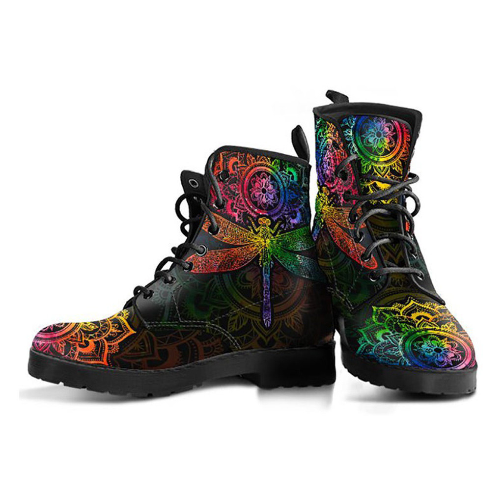 Colorful Dragonfly Boots | Vegan Leather Lace Up Printed Boots For Women