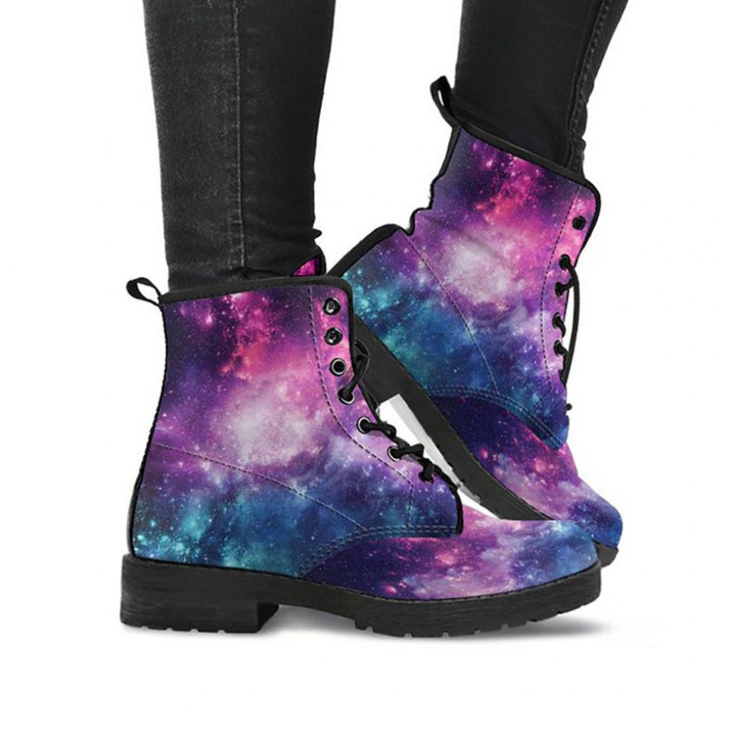 Pink Purple Galaxy Boots | Vegan Leather Lace Up Printed Boots For Women