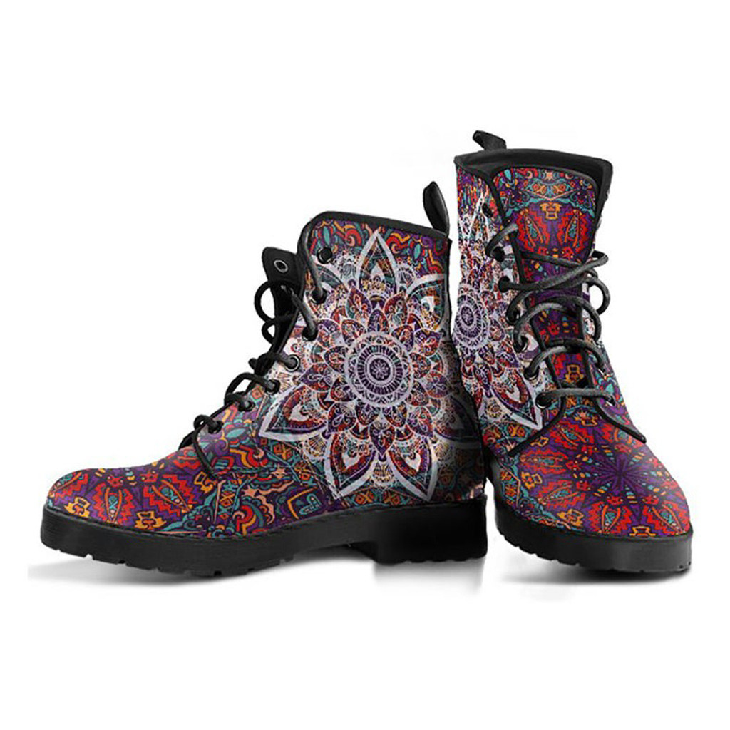 Boho Star Mandala Boots | Vegan Leather Lace Up Printed Boots For Women