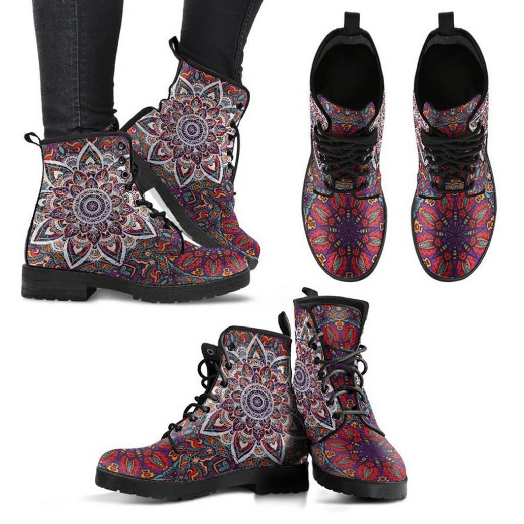 Combat Boots Casual Boots Purple Mandalas Decor Womens Boots Boho Chic Bohemian Boots Vegan Leather Custom Boots