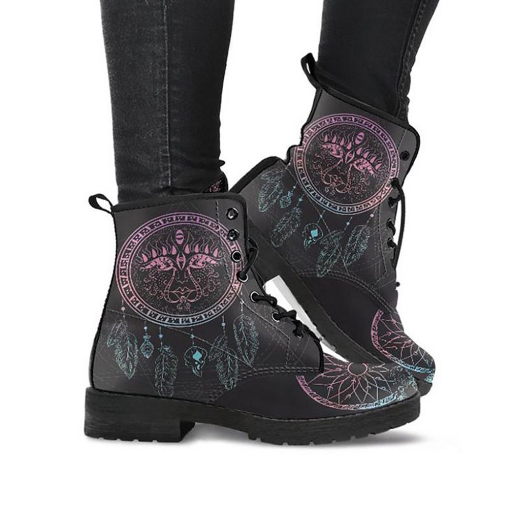 Dark Brown Boots | Vegan Leather Lace Up Printed Boots For Women