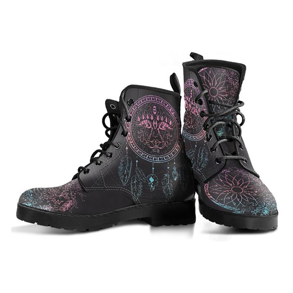 Dark Brown Boots | Vegan Leather Lace Up Printed Boots For Women