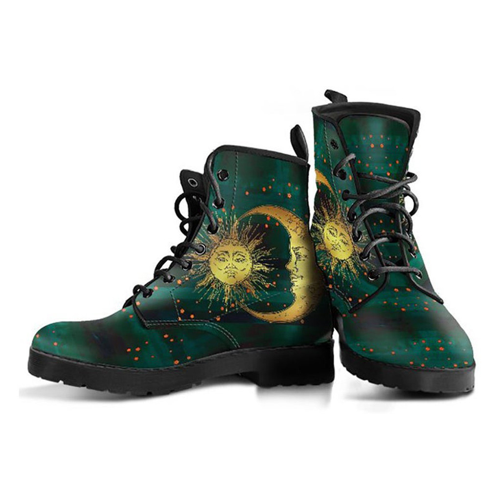 Sun Moon Art Boots | Vegan Leather Lace Up Printed Boots For Women