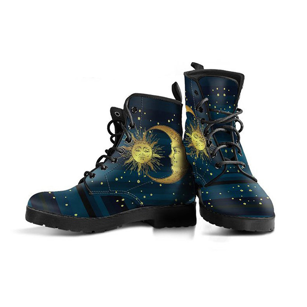 Goth Moon Boots | Vegan Leather Lace Up Printed Boots For Women